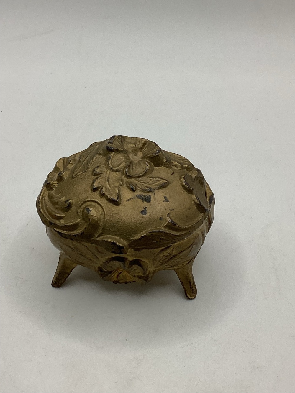 vintage Art Nouveau-style footed metal trinket box, casket jewelry box lined